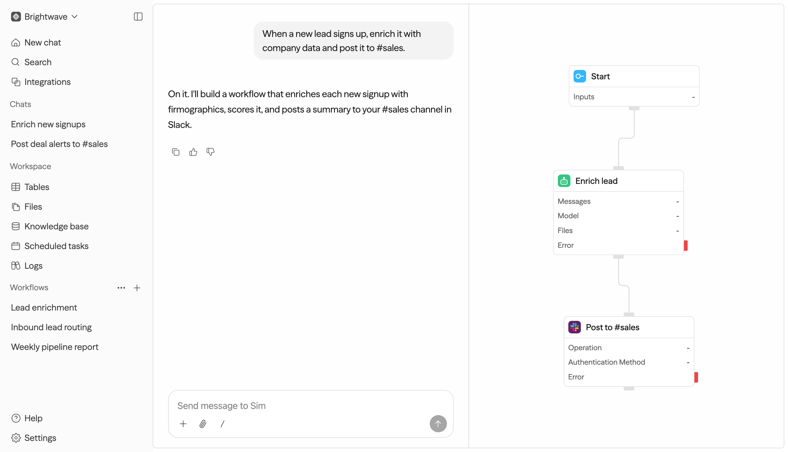Ame workspace interface showing an AI workflow in progress